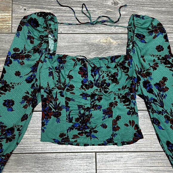 NWT $98 Free People Hilary Printed Top Size XS Green Combo Smocked Blouse - Picture 5 of 16